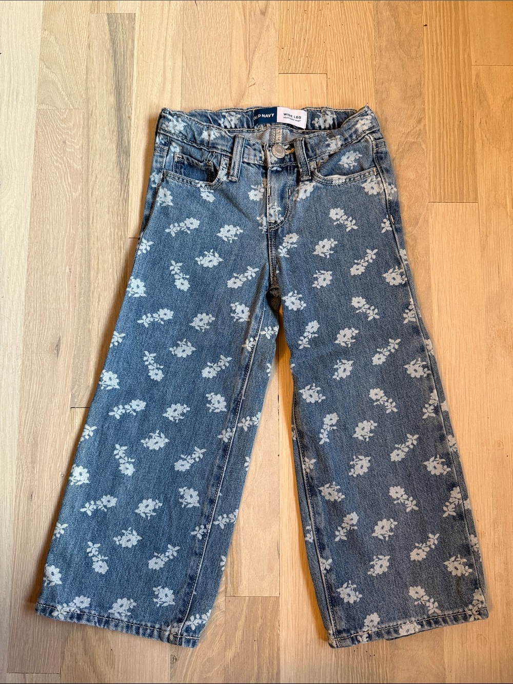 Old Navy Blue Denim Wide-Leg Jeans with White Floral Print